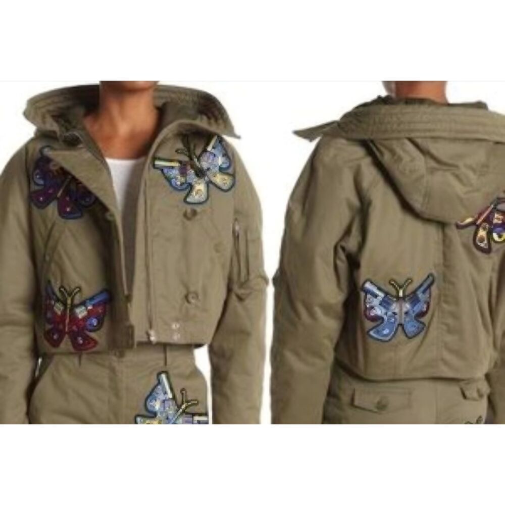 Jeremy Scott Butterfly Patch Hooded Crop Jacket sz 8